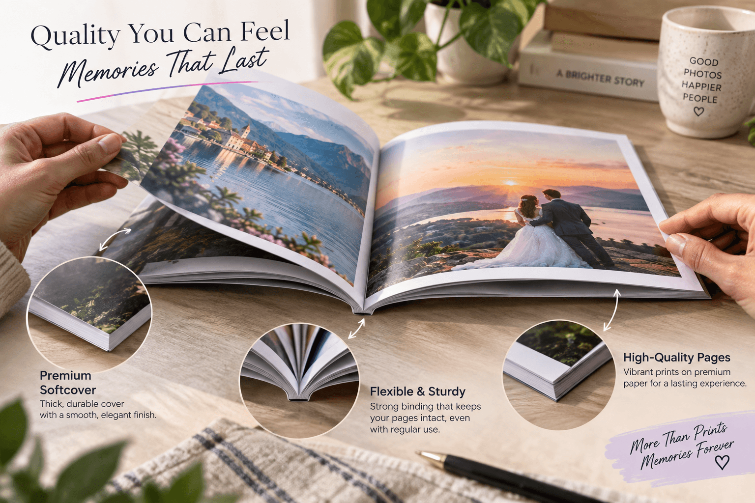 An Ohmixo photo book being flipped through, showing premium softcover, flexible binding, and high-quality pages