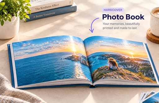 Hardcover photo book open on a table, ready to print