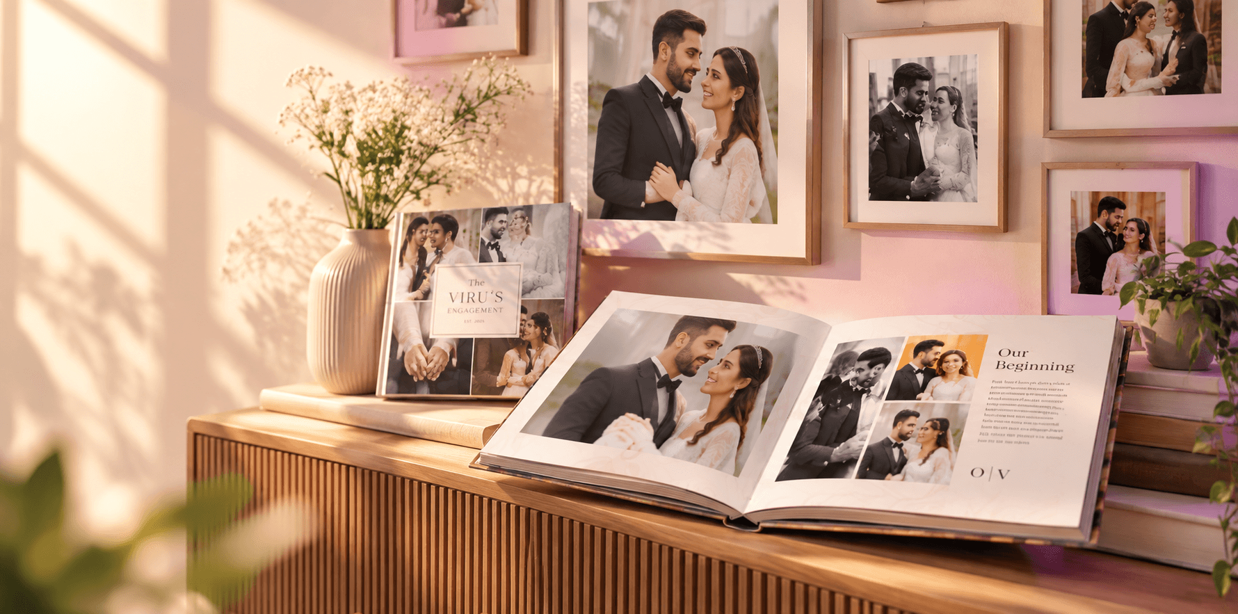 A printed Ohmixo photo book open on a shelf, with framed family photos behind it